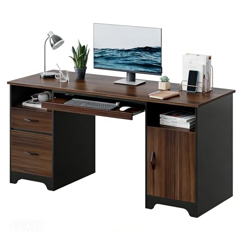 59" Office Desk with File Drawer, Keyboard Tray & 2 Drawers, Cherry