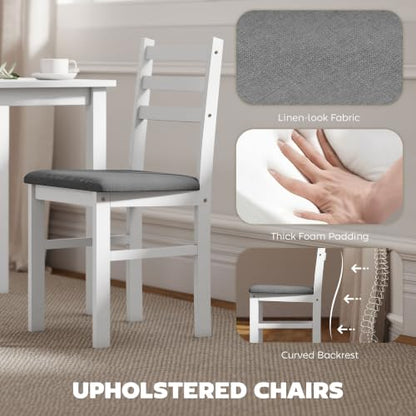 5-Piece Dining Table Set for 4, Solid Rubber Wood Legs, White