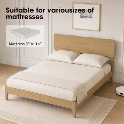 Queen Bed Frame with Wave Headboard, Solid Wood Legs, Oak