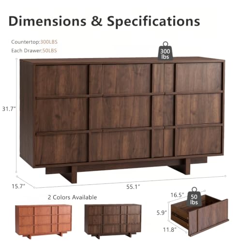 55" Wide 9 Drawer Dresser for Bedroom, Skeleton Line Design