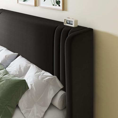 King Size Velvet Platform Bed Frame, Tall Wingback Headboard, Black