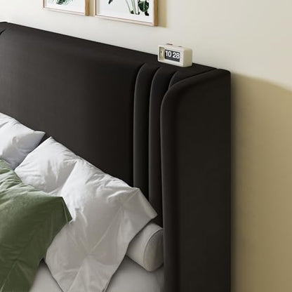 King Size Velvet Platform Bed Frame, Tall Wingback Headboard, Black