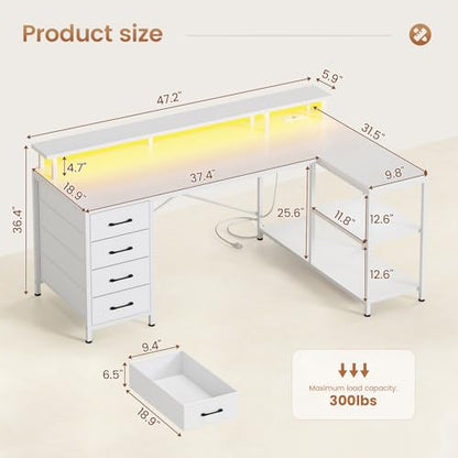 L Shaped Gaming Desk with 4 Drawers, Shelves, Power Outlets, White