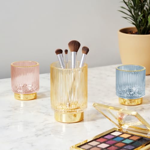 Makeup Brush holder Organizer, Crystal Glass Toothbrush Holders, Striped Make Up Brush Holder for Vanity, Pen Holder for Desk, Vase -White (S+L) - color: Clear