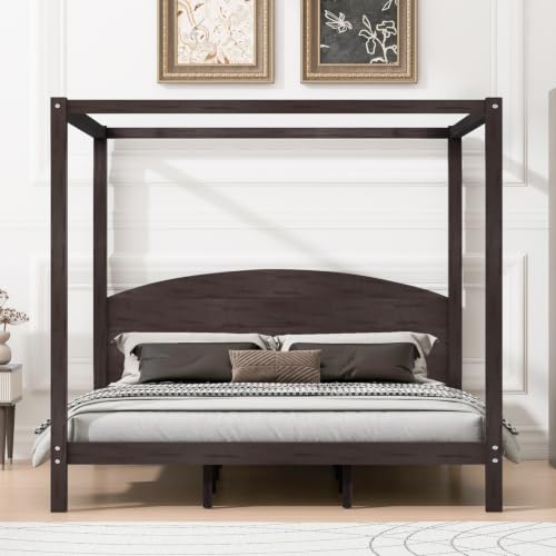Wood King Size Canopy Bed Frame with Headboard and Storage, Brown