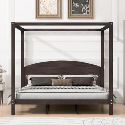 Wood King Size Canopy Bed Frame with Headboard and Storage, Brown