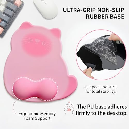 Gel Mouse Pad with Wrist Rest for Mouse Ergonomic Cat Mouse Wrist Rest Non-Slip Silicone Cute Mousepad with Wrist Support for Computer Desk Gaming Laptop Home Office Desk Accessories Pink