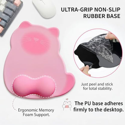 Gel Mouse Pad with Wrist Rest for Mouse Ergonomic Cat Mouse Wrist Rest Non-Slip Silicone Cute Mousepad with Wrist Support for Computer Desk Gaming Laptop Home Office Desk Accessories Pink