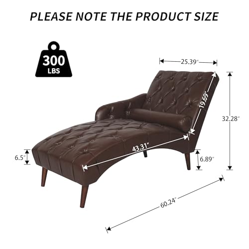 PU Leather Chaise Lounge Chair Indoor, Side Armrest, Dark Brown