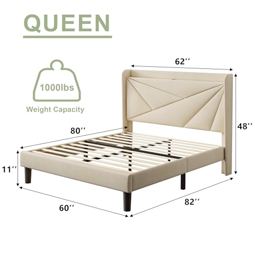 Queen Size Bed Frame with Charging Station, Linen Upholstered Platform Bed Frame with Wingback Storage Headboard, Solid Wood Slats Support, No Box Spring Needed, Noise Free, Beige