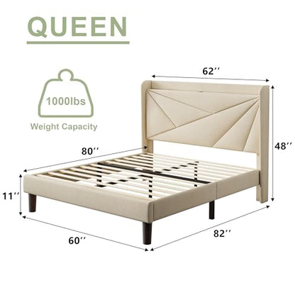 Queen Size Bed Frame with Charging Station, Linen Upholstered Platform Bed Frame with Wingback Storage Headboard, Solid Wood Slats Support, No Box Spring Needed, Noise Free, Beige
