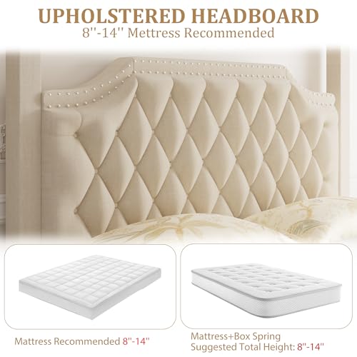 Upholstered Full Size Bed Frame with Canopy Poles and Headboard