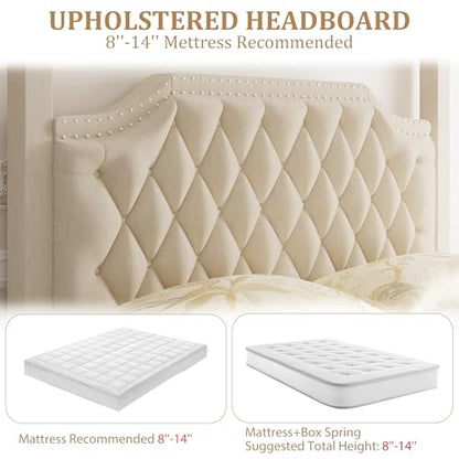 Upholstered Full Size Bed Frame with Canopy Poles and Headboard
