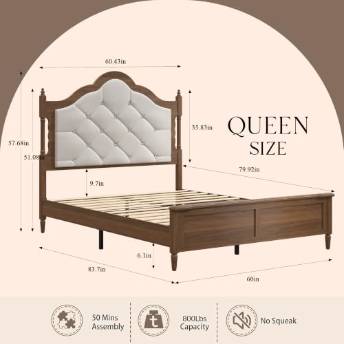 Queen Size Platform Bed Frame with Upholstered Headboard, Mid Century Modern Wood Bed Frame with Panel Footboard, No Box Spring Needed, Heavy Duty Support for Master Bedroom