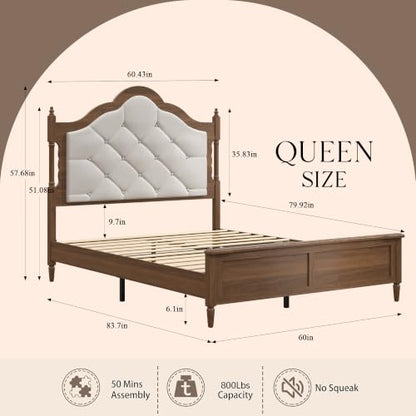 Queen Size Platform Bed Frame with Upholstered Headboard, Mid Century Modern Wood Bed Frame with Panel Footboard, No Box Spring Needed, Heavy Duty Support for Master Bedroom