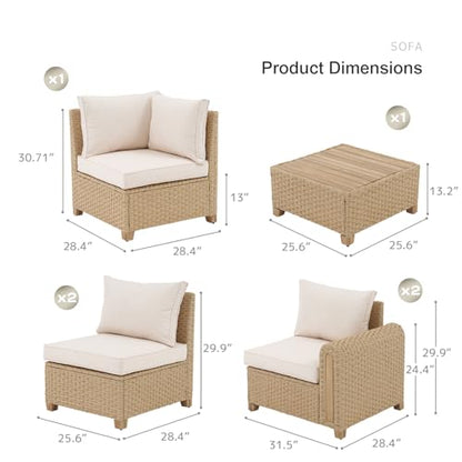 6-Piece Patio Wicker Modular Sectional Set with Acacia Wood Accents