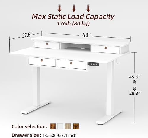 TIQLAB 48 * 28 Inch Standing Desk with Four Drawers, Electric Sit Stand Table, Stand Up Desk Adjustable Height with Storage Shelf, Splice Board, White