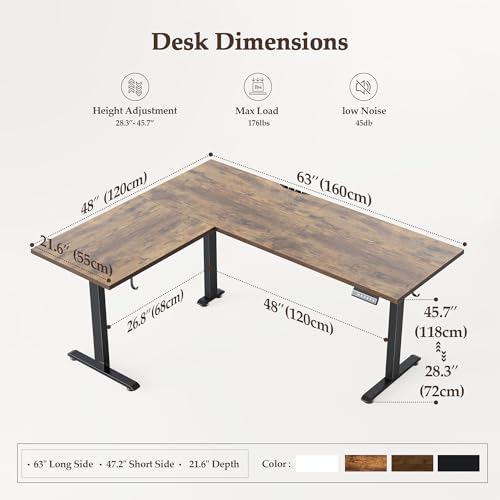 L Shaped Standing Desk 63 x 48 Inch, Electric Height Adjustable Corner Desk for Home Office Workstation, Ergonomic Sit to Stand Computer Table with Memory Controller, Rustic Brown