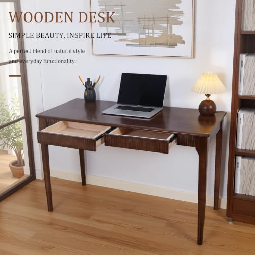 Solid Wood Desk with Drawers, 47inch Walnut Computer Desk