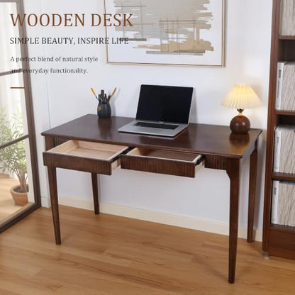 Solid Wood Desk with Drawers, 47inch Walnut Computer Desk