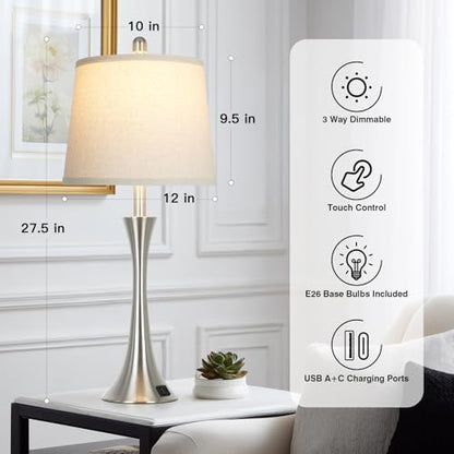 Rinweey 27.5" Silver Table Lamps Set of 2, Touch Bedside Lamps with USB C+A Ports, 3 Way Dimmable Nightstand Lamps for Bedroom, Living Room, Office, Silver Lamp with Beige Lampshade, Bulbs Included