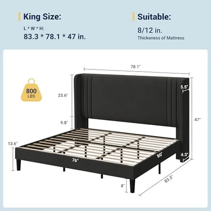 King Size Velvet Platform Bed Frame, Tall Wingback Headboard, Black