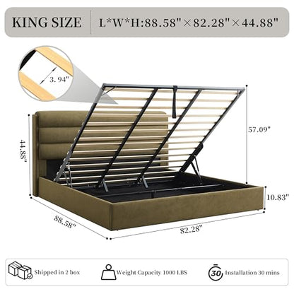 King Size Lift Up Storage Bed, Linen Upholstered Platform Bed, Green