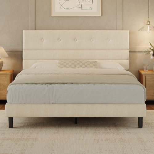 Queen Size Bed Frame with Linen Fabric Headboard, Adjustable Height Upholstered Platform Bed Frame with Wooden Slats, Easy Assembly, Beige