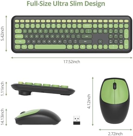 Surmen Dark Green Keyboard and Mouse Wireless Quiet, Full-Size Girly Cute Keyboard Mouse Retro Typewriter Low-Noise 2.4GHz for Computer, Desktop, Laptop (6-Black Green)