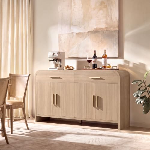 59" Sideboard Buffet Cabinet with Storage, 4 Doors Cabinet Natural Oak