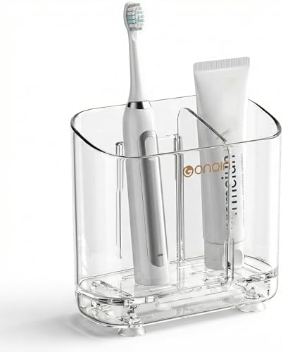 Acrylic Electric Toothbrush Holder with Detachable Base, 2 Slots Wall-Mounted Bathroom Storage Caddy, Clear Makeup Brush Organizer with Removable Divider for Toothpaste, Razors, Kitchen & Office Desk