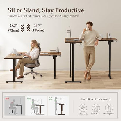 L Shaped Standing Desk 63 x 48 Inch, Electric Height Adjustable Corner Desk for Home Office Workstation, Ergonomic Sit to Stand Computer Table with Memory Controller, Rustic Brown