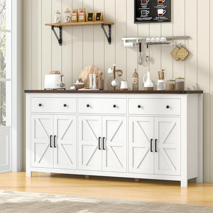 71" Large Sideboard Buffet Cabinet with Storage, Modern Farmhouse Coffee Bar with 3 Drawers and 6 Barn Doors, Dining Room Storage Cabinet, for Kitchen, Living Room, White Wood