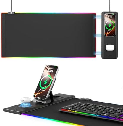 KDD RGB Mouse Pad with Wireless Charging - Desk Mat with Phone Holder and 15W Fast Charger - Gaming Mousepad with Ultra-Smooth Surface, Non-Slip Base - Keyboard Mat for Home Office Gamer Accessories
