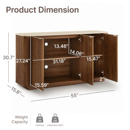55" Fluted Buffet Sideboard with Storage Cabinet, Walnut