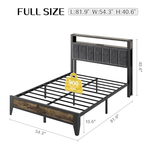 Full Size Bed Frame with Headboard, LED Light & Charging Station