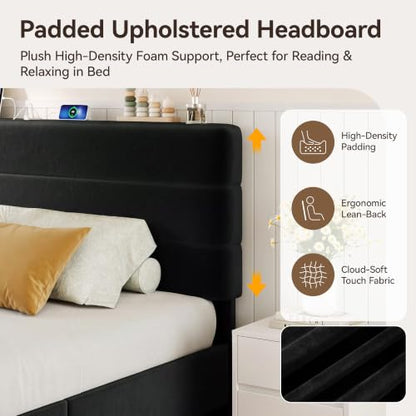 Queen Size Platform Bed Frame with Velvet Upholstered Headboard