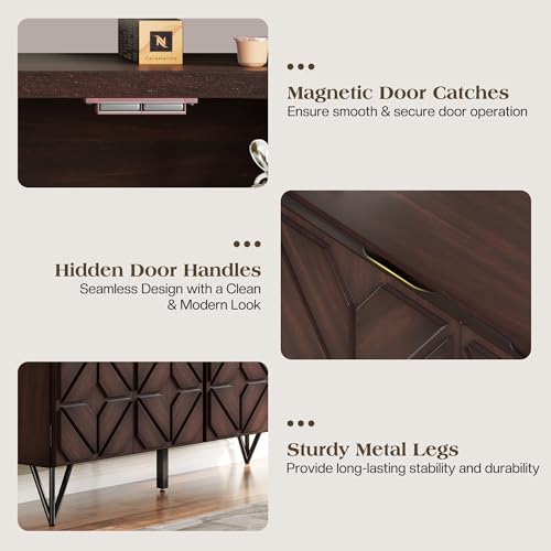 63" Solid Wood Buffet Cabinet with Geometric Doors, Dark Walnut