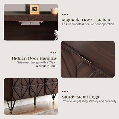 63" Solid Wood Buffet Cabinet with Geometric Doors, Dark Walnut
