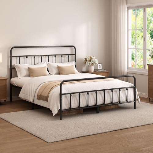 King Size Metal Bed Frame with Headboard and Footboard,Black