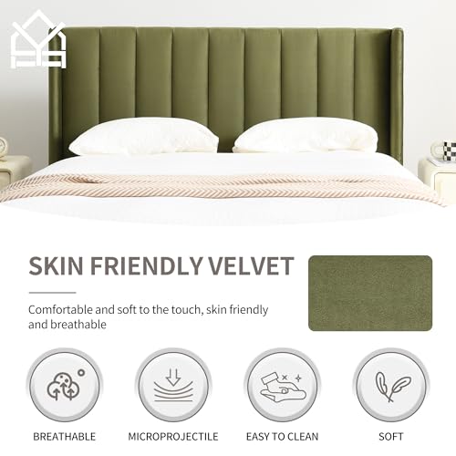 King Bed Frame，Platform Bed with Upholstered Headboard，Grass Green