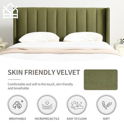 King Bed Frame，Platform Bed with Upholstered Headboard，Grass Green