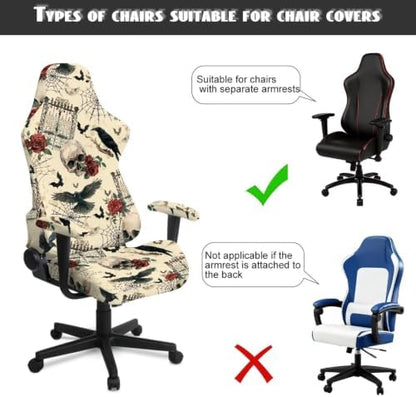 Halloween Vintage Skull Rose Gothic Gaming Chair Cover Stretchable Game Chair Slipcovers with 2 Armrest Covers, Scratch-Proof Gamer Desk Chair Covers for Computer Office Seat