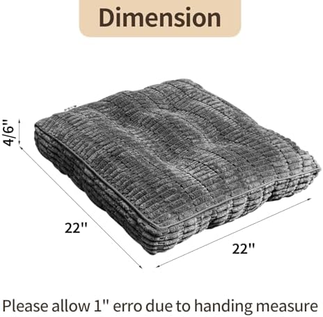 Floor Cushions, Corduroy Floor Pillow, Floors Pillows for Adults & Pets, Large Floors Pouf, Square Floored Pillows for Sitting & Yoga(1PC, Dark Grey，22"×22"×3.9")