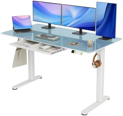 INNOVAR Glass Standing Desk with Drawers 55×24 Inch Morandi Blue