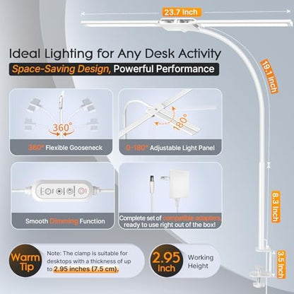 Syrinx LED Desk Lamp, Double Head Gooseneck Desk Lamps for Home Office with Gesture Switch & Wired Control, 12W Bright Modern Desk Light Eye-Caring Office Desk Lamp with Clamp for Crafting Reading