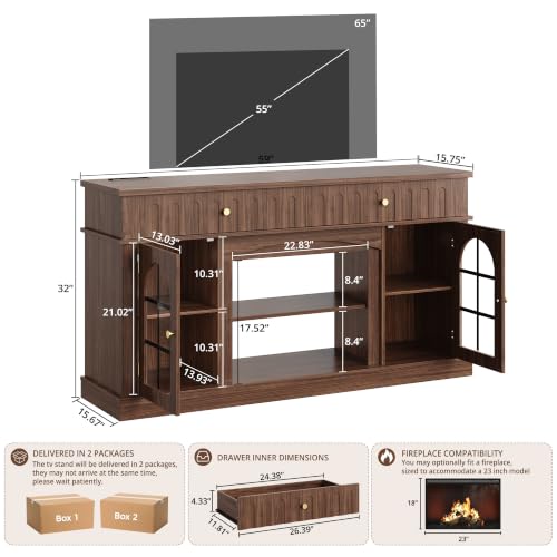 TV Stand for 65 Inch TV with Charging Station, Walnut Brown