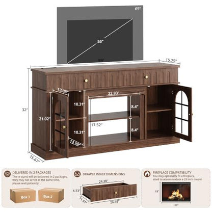TV Stand for 65 Inch TV with Charging Station, Walnut Brown