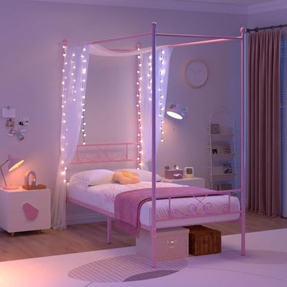 Twin Canopy Bed Frame with Headboard, Metal Twin Beds for Kids, Pink