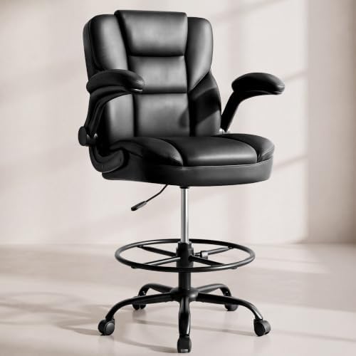 Drafting Chair 500Lbs, Tall Office Chair for Standing Desk, High PU Leather Executive Office Chair with Flip-up Armrests, Ergonomic High Chair with Adjustable Foot Ring, Comfy Stool Chairs, Black